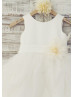 Ivory Satin Organza Bubble Skirt Flower Girl Dress With Feather Flower